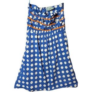 Judith March Blue Polka Dot Dress Sz S Ruffle Orange Trim Pockets Cotton/Poly